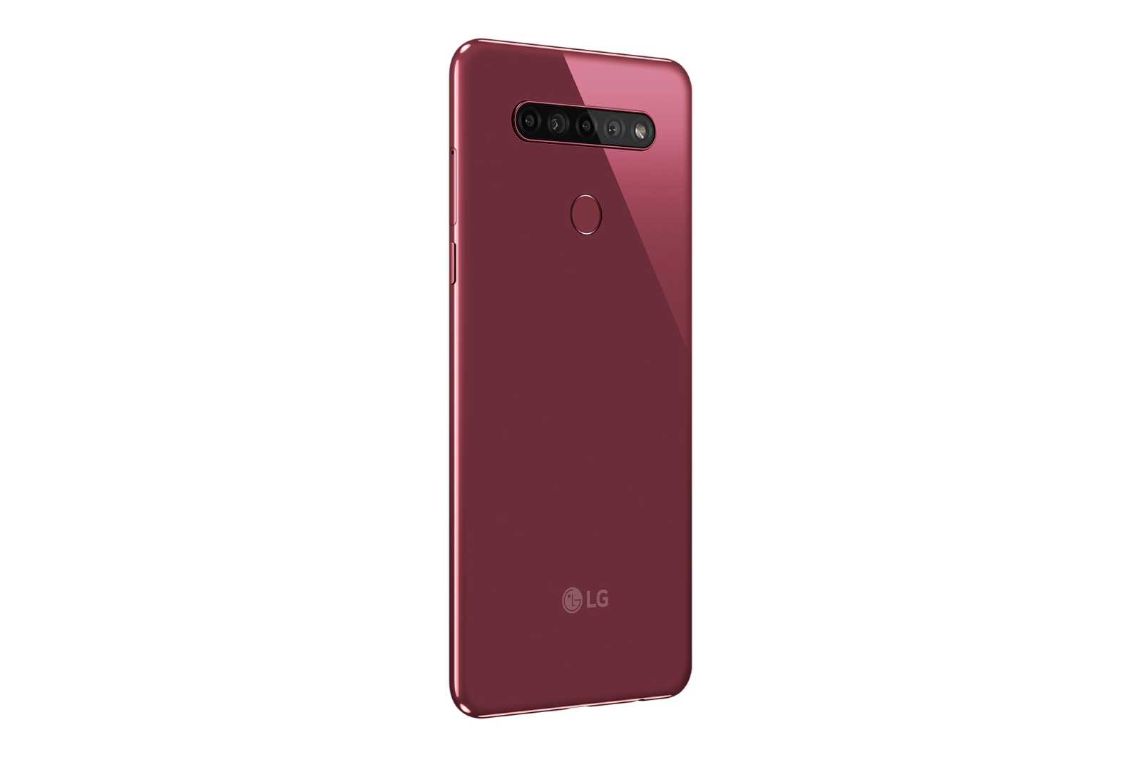 Rückansicht des weinroten LG-Telefons mit mehreren Kameras und Fingerabdrucksensor auf weißem Hintergrund.
