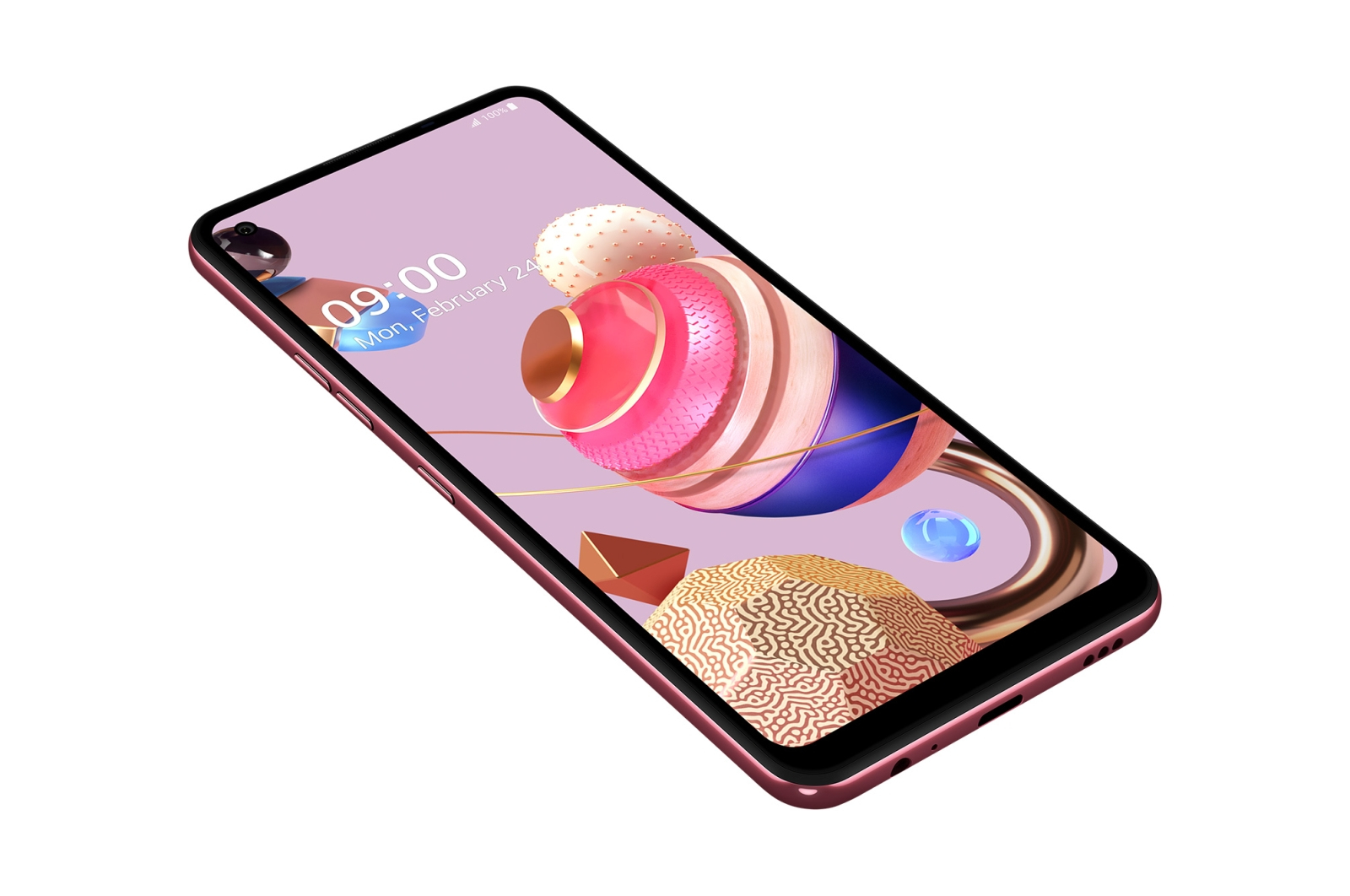 Pinkfarbenes Smartphone in Schrägansicht, zeigt ein farbenfrohes abstraktes Design auf dem Bildschirm.