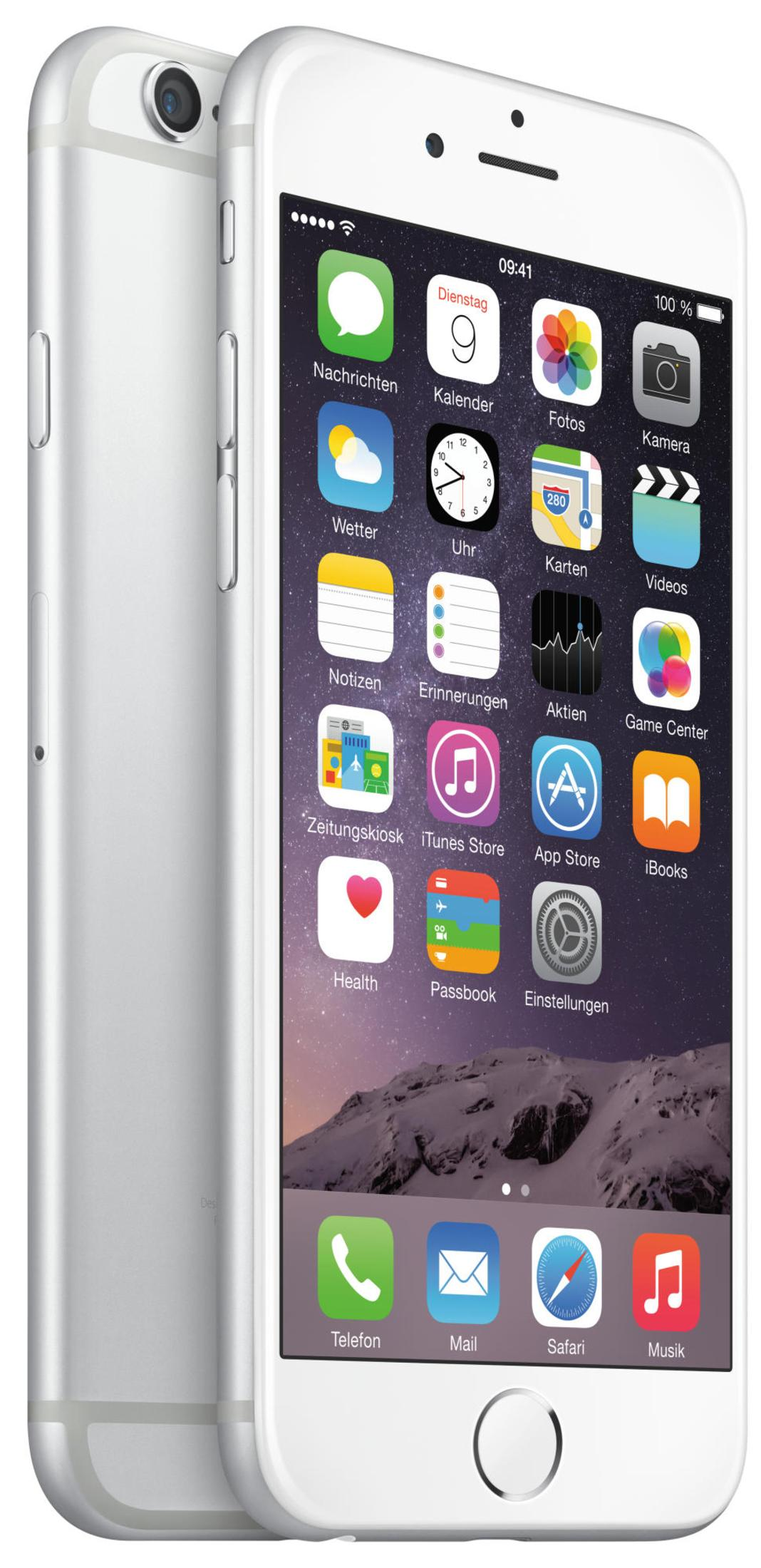 Silbernes iPhone-Smartphone. Zeigt Bildschirm mit Symbolen und eine Kamera auf der Rückseite.