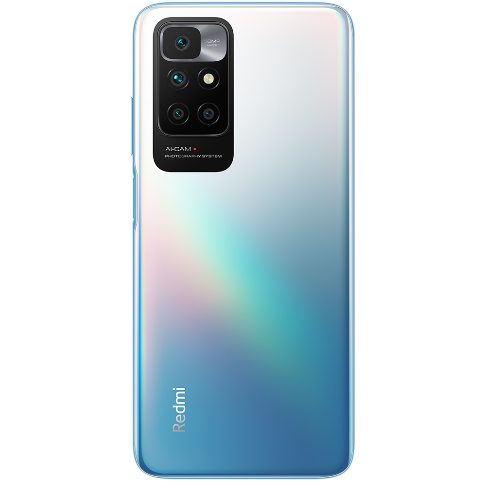 Tył biało-niebieskiego smartfona z wieloma aparatami. Logo Redmi znajduje się na dole.