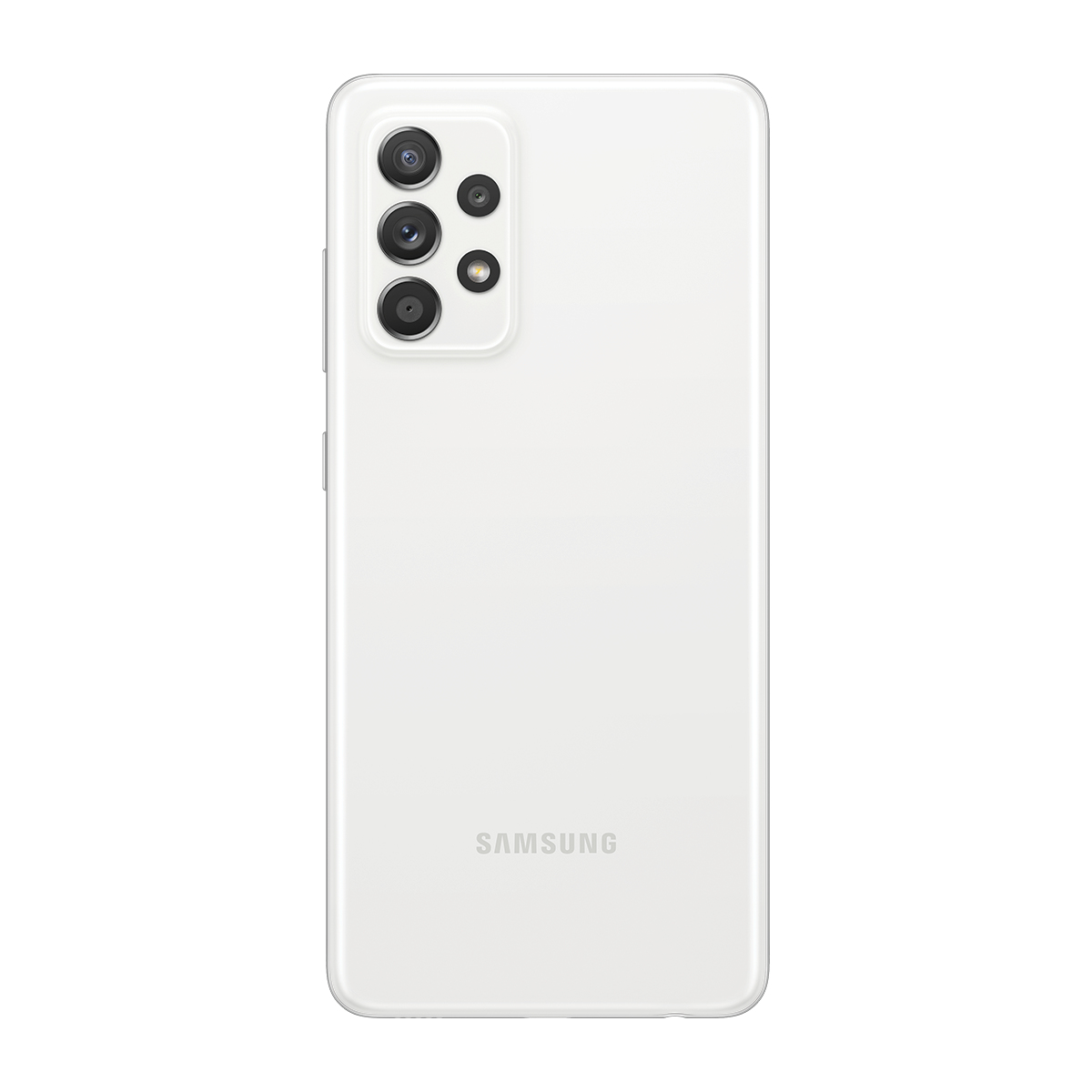 Beyaz akıllı telefon, arka görünüm, çoklu kameralarla. Samsung logosu görünür.