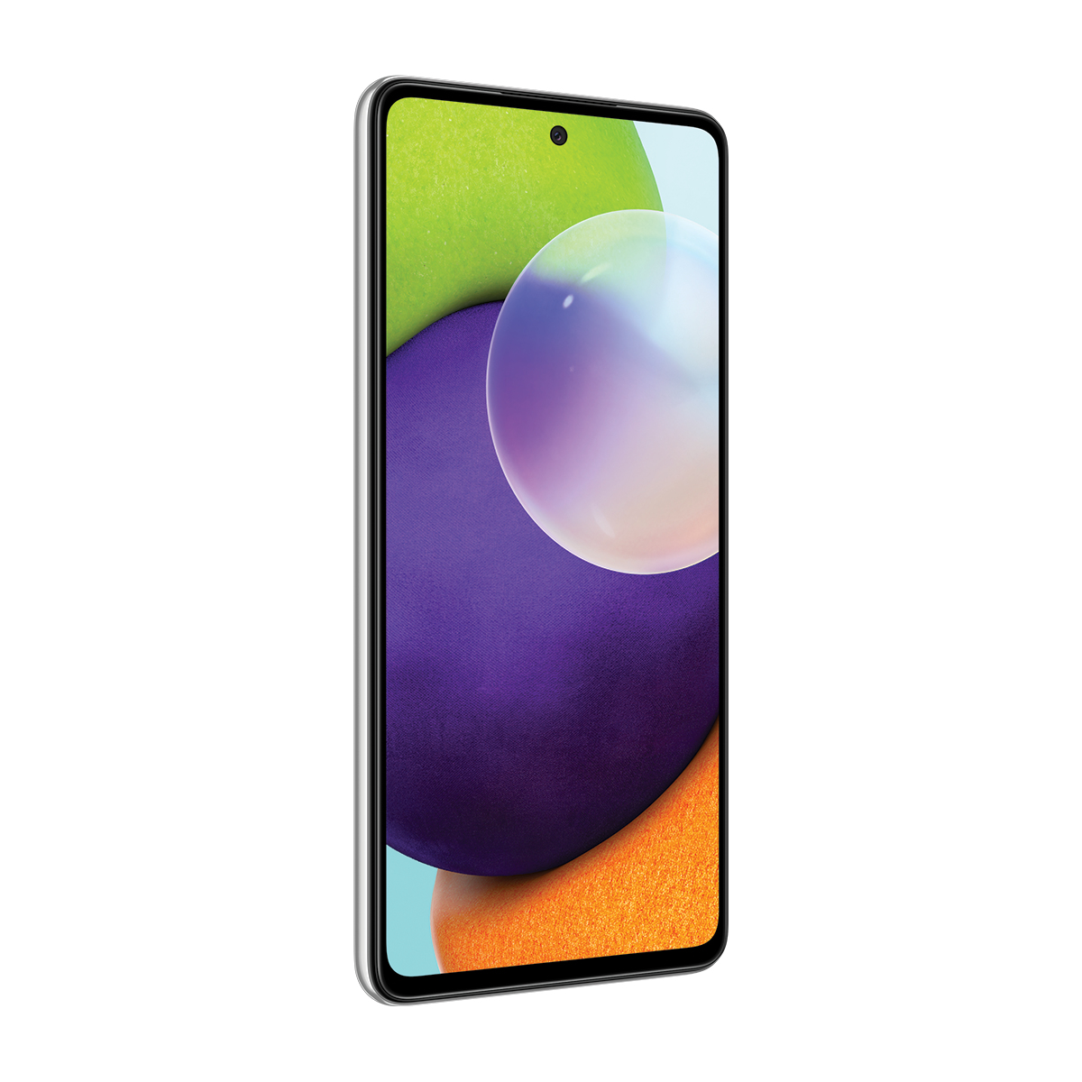 Mor ve turuncu soyut bir tasarıma sahip ekranı gösteren Samsung telefon. Telefon bir açıda.