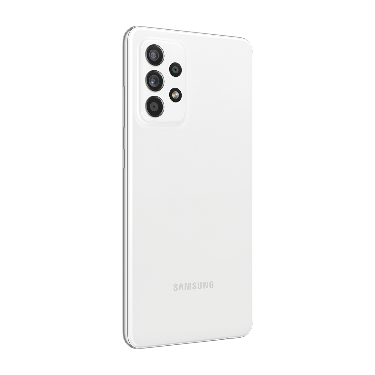 Beyaz Samsung telefonun arkası, üç kamerayla. Samsung logosu altta.