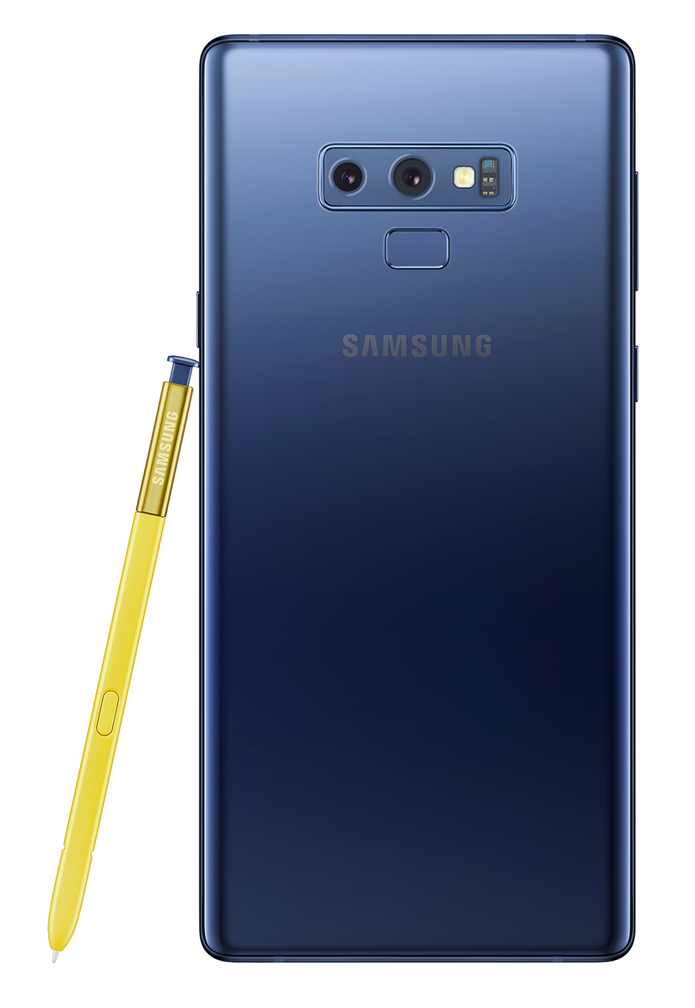 Blaues Telefon mit gelbem Stift. Telefon hat Samsung Logo und Dual-Kamera-Setup.