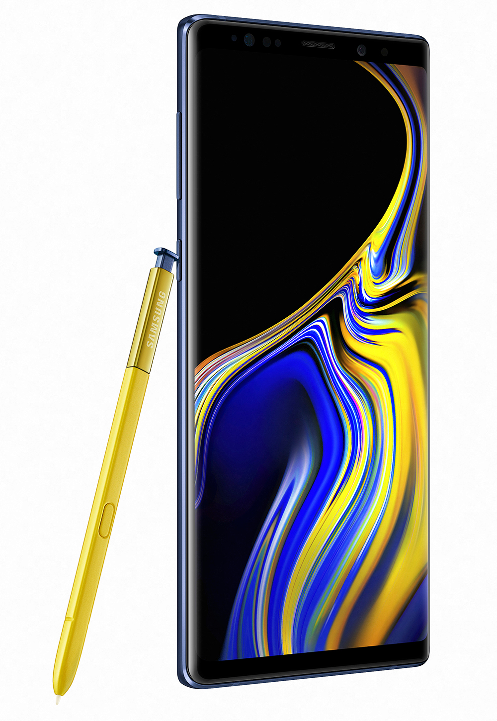 Blaues Smartphone mit Stylus. Der Bildschirm ist schwarz, und ein gelber Stylus ist sichtbar.