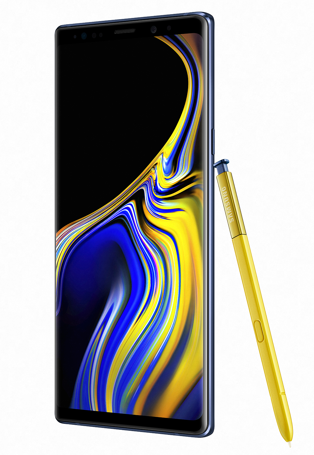 Blaues Smartphone mit gelbem Stift, das eine Mischung aus Gelb und Blau auf dem Bildschirm zeigt, vor weißem Hintergrund.
