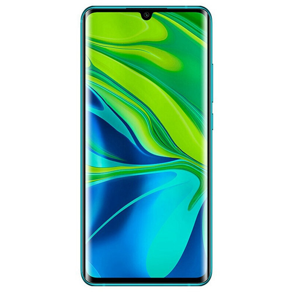 Ein Smartphone mit grünem und blauem, abstraktem Bildschirm. Das Telefon ist vertikal ausgerichtet.