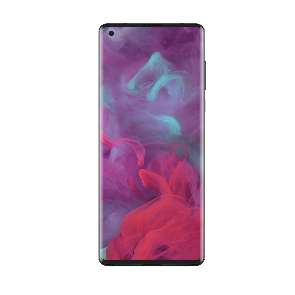 Smartphone-Bildschirm mit einem farbenfrohen, abstrakten Design aus roten, lila und tealartigen rauchartigen Formen.
