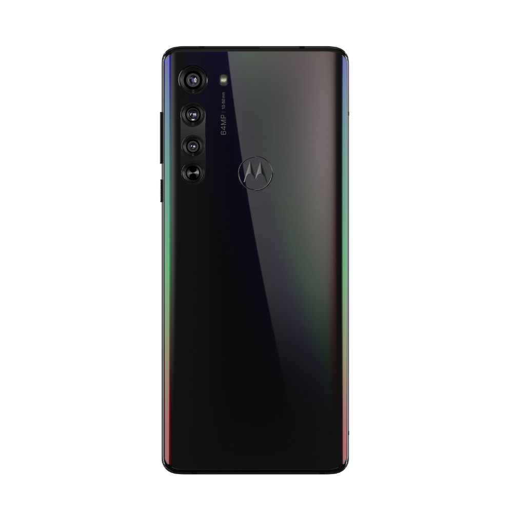 Rückseite eines schwarzen Smartphones. Es hat ein Kameramodul und ein Motorola-Logo. Farbverlauf.