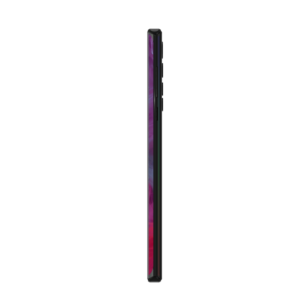 Smartphone-Seitenansicht, schwarz, mit Seitentasten und farbenfrohem Rückendesign.