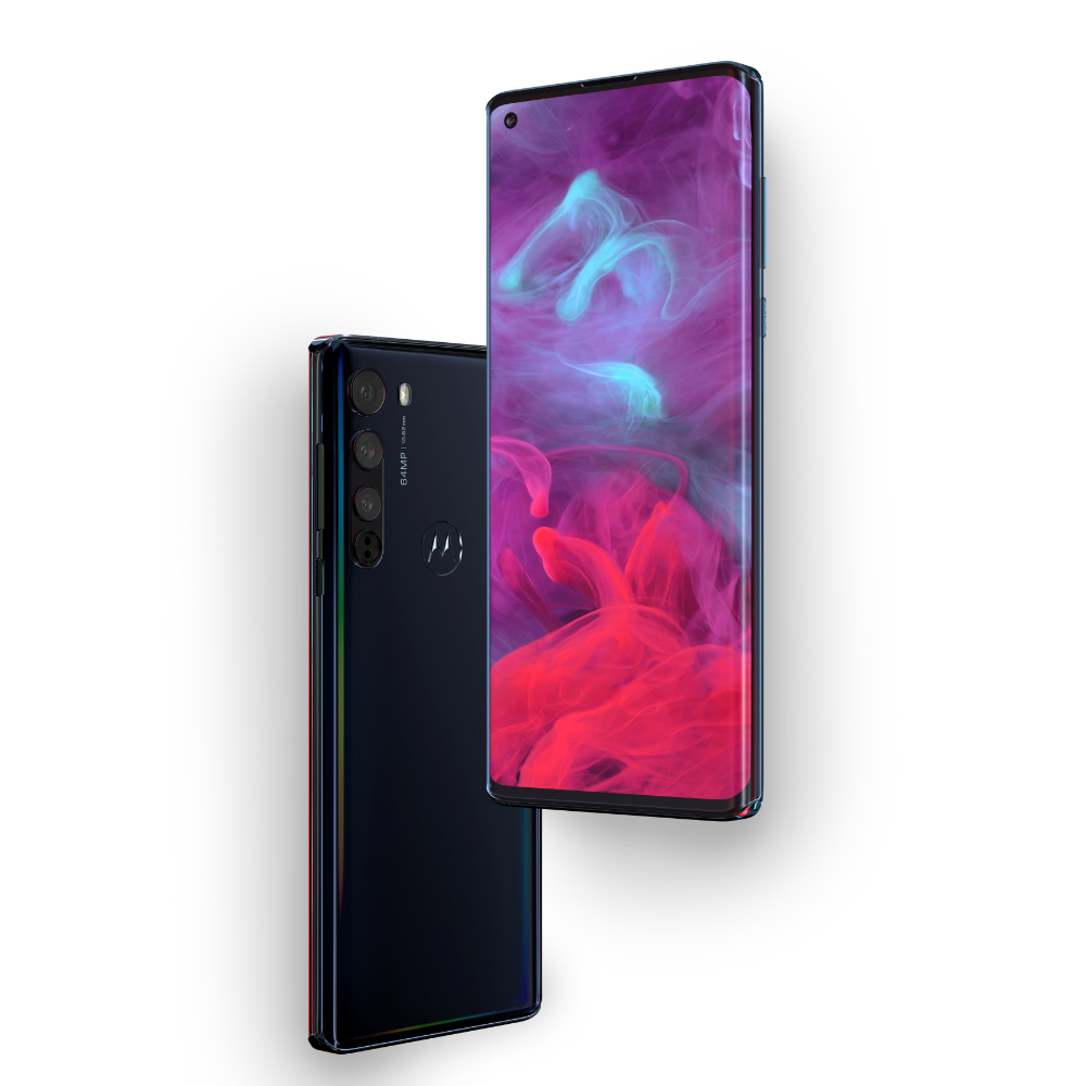 Smartphone mit farbenfrohem Bildschirm und Rückansicht eines Telefons mit Kameras.