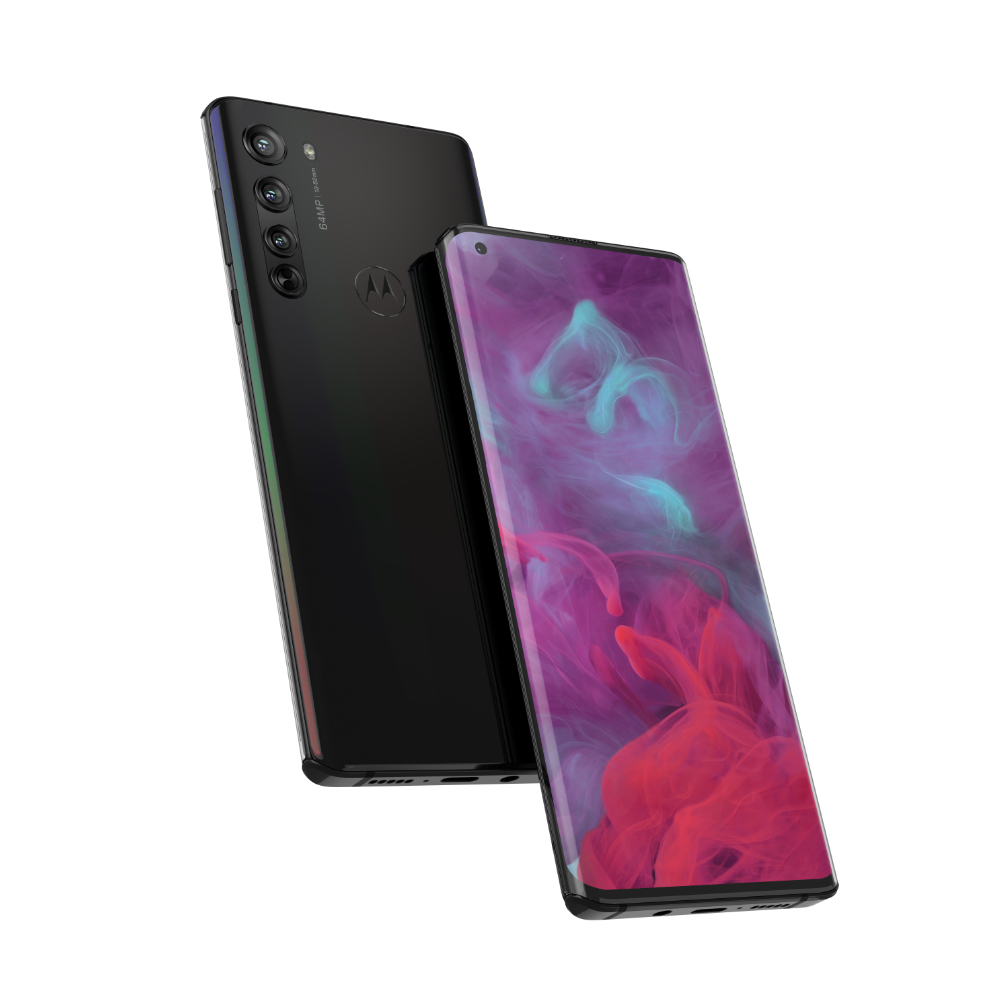 Ein schwarzes Smartphone auf weißem Untergrund mit farbenfrohem Display. Ein weiteres Telefon.