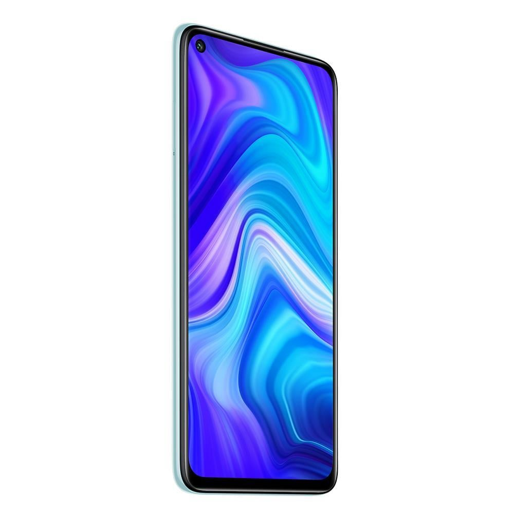 Ein Smartphone ist angewinkelt und zeigt ein blaues und lila abstraktes Design mit einer Frontkamera.