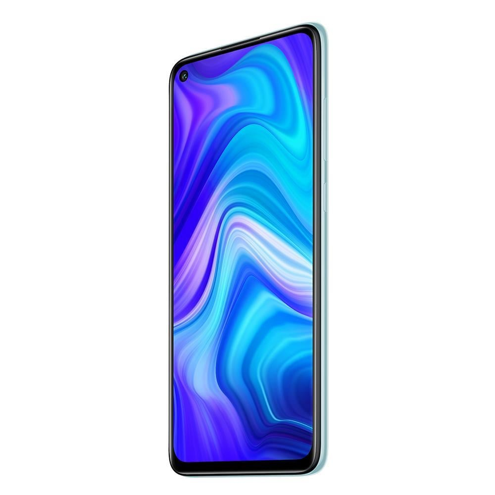 Telefon, Seitenansicht. Mintgrüne Kanten, Bildschirm zeigt blaues, lila und weißes abstraktes Design.