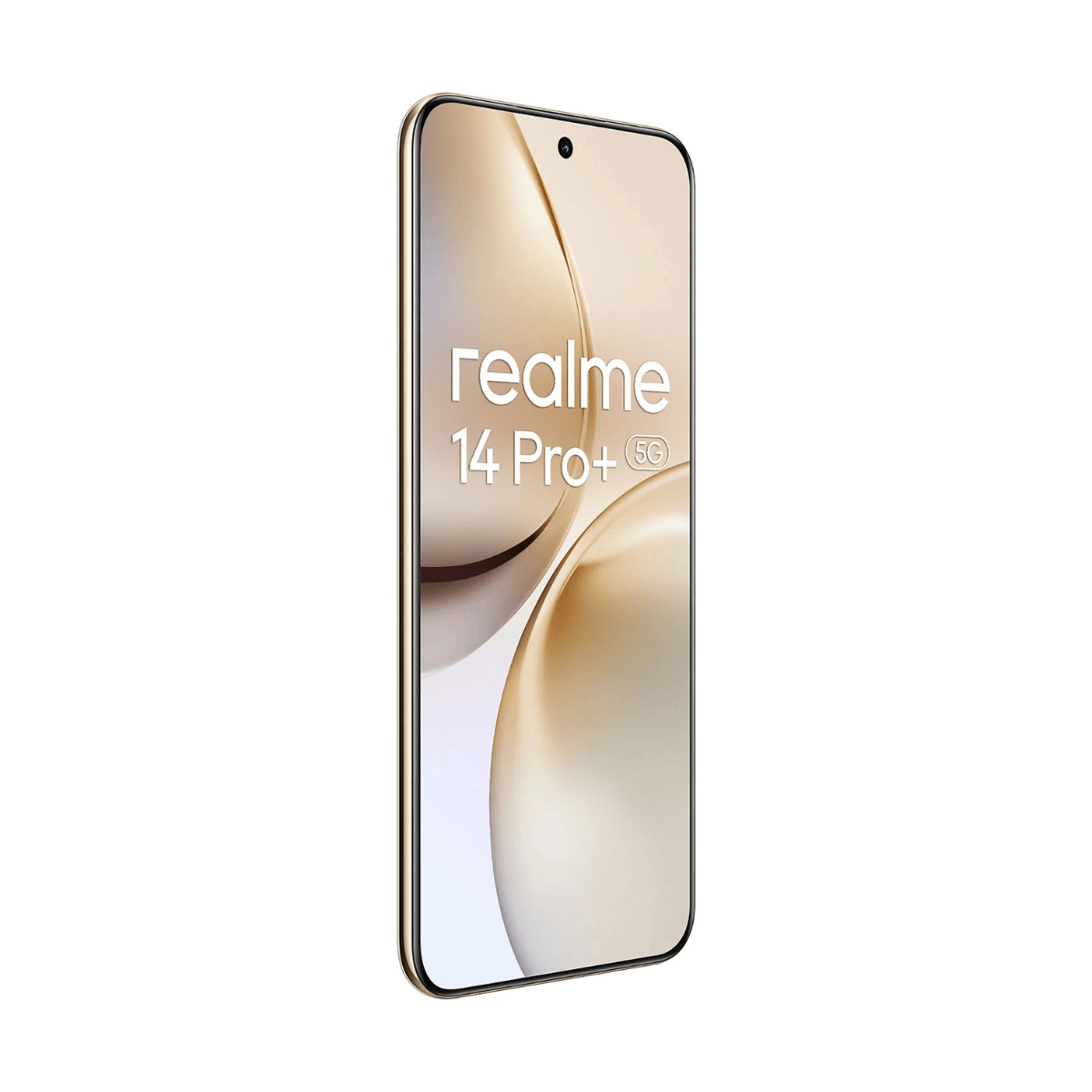 Złoty smartfon z tekstem 'realme 14 Pro+ 5G' na ekranie, białe i złote tło.