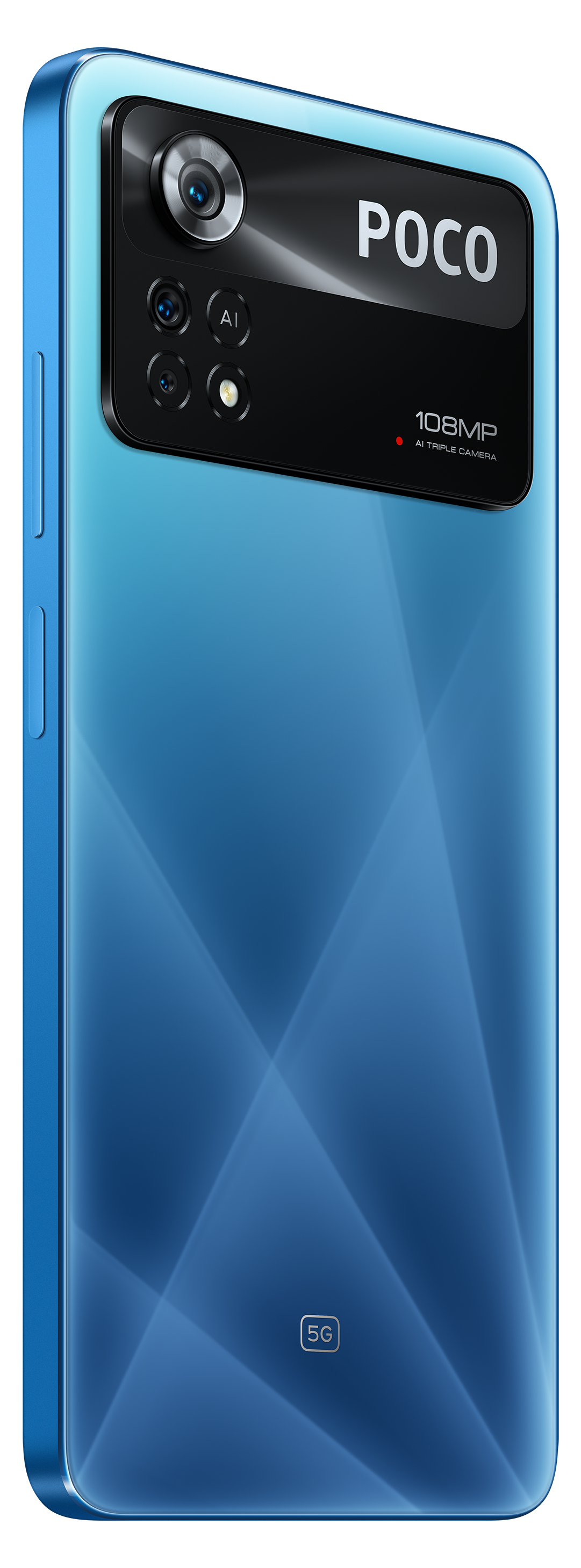Vista trasera de un teléfono POCO azul, mostrando un conjunto de cámaras y el texto 'POCO'.