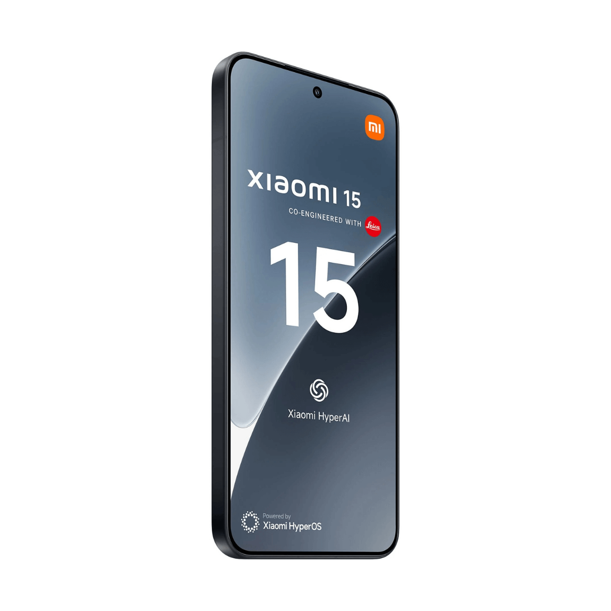 Smartfon wyświetlający tekst 'Xiaomi 15' i logo, z logo Leica. Ekran pokazuje gradient.