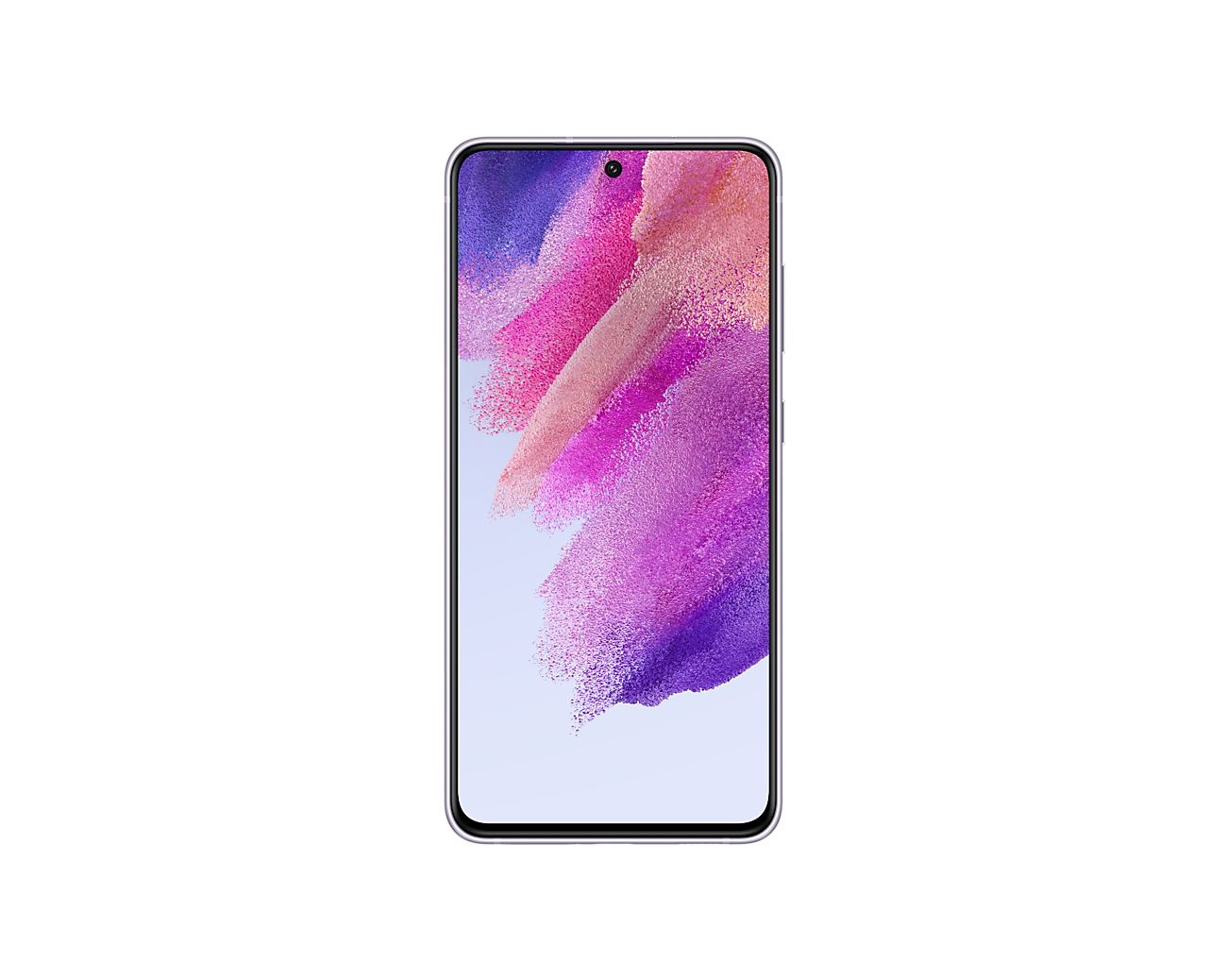 Smartphone zeigt ein farbenfrohes abstraktes Bild mit rosa und lila Farbtönen auf weißem Hintergrund.