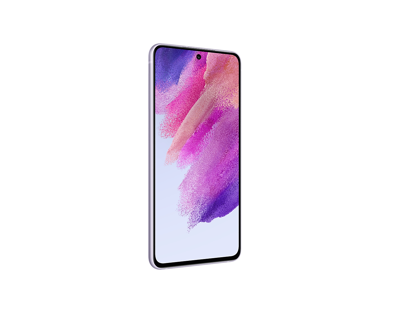 Lila Smartphone, Seitenansicht mit Bildschirm mit rosa und lila abstrakter Kunst, weißer Hintergrund.