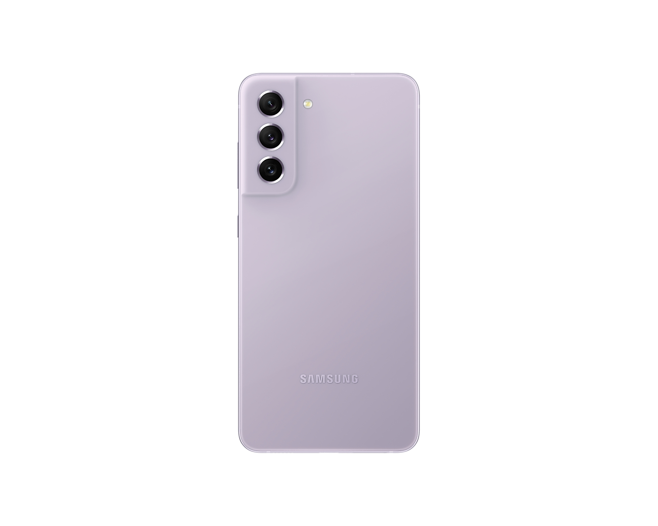 Rückseite eines lila Smartphones mit drei Kameras und 'SAMSUNG'-Logo auf weißem Hintergrund.