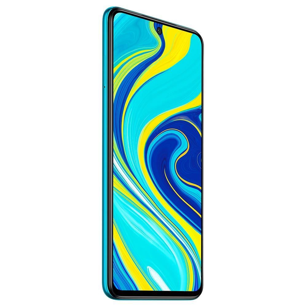 Ein Smartphone, das auf den Betrachter zeigt, türkisfarbener Rahmen, Bildschirm mit blauem und gelbem Design.