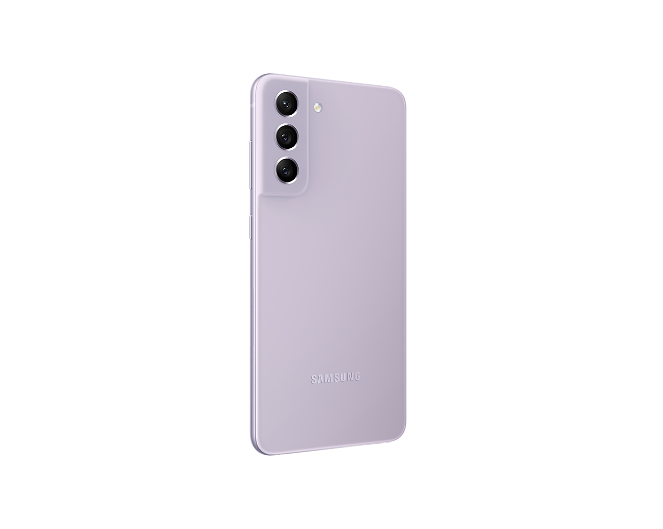 Rückseite eines lila Samsung-Telefons. Drei vertikale Kameras und das Samsung-Logo.