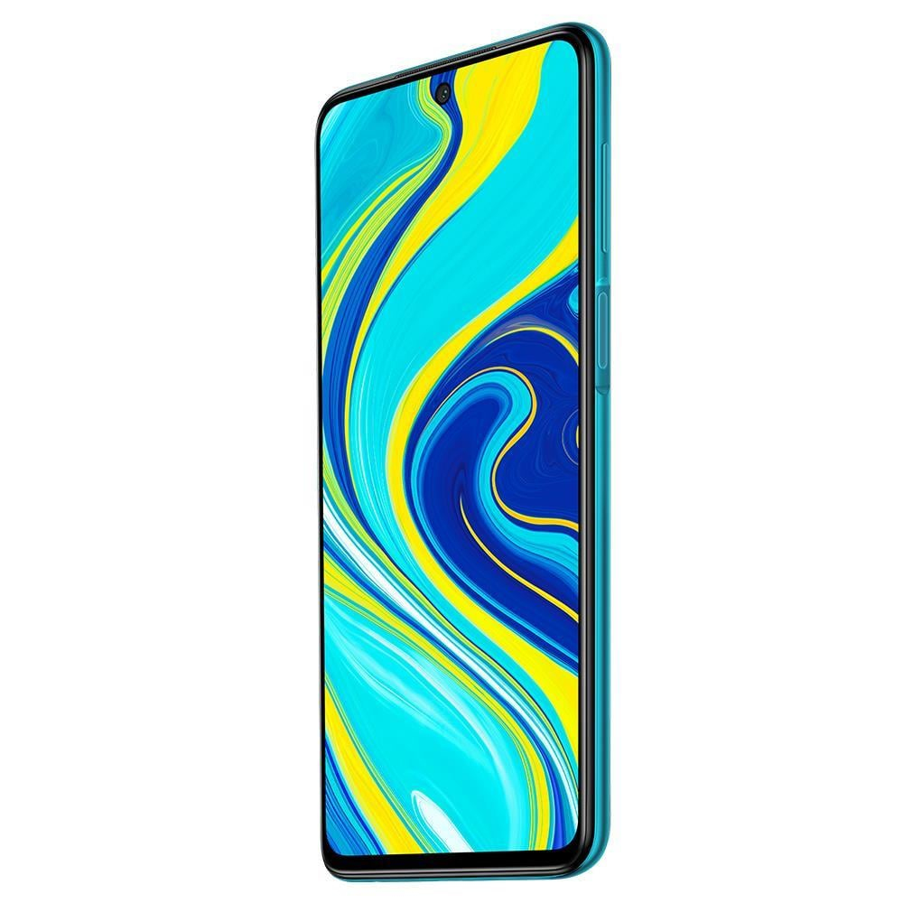 Türkisfarbenes Smartphone, Seitenansicht. Display zeigt abstraktes blaues und gelbes Design. Weißer Hintergrund.