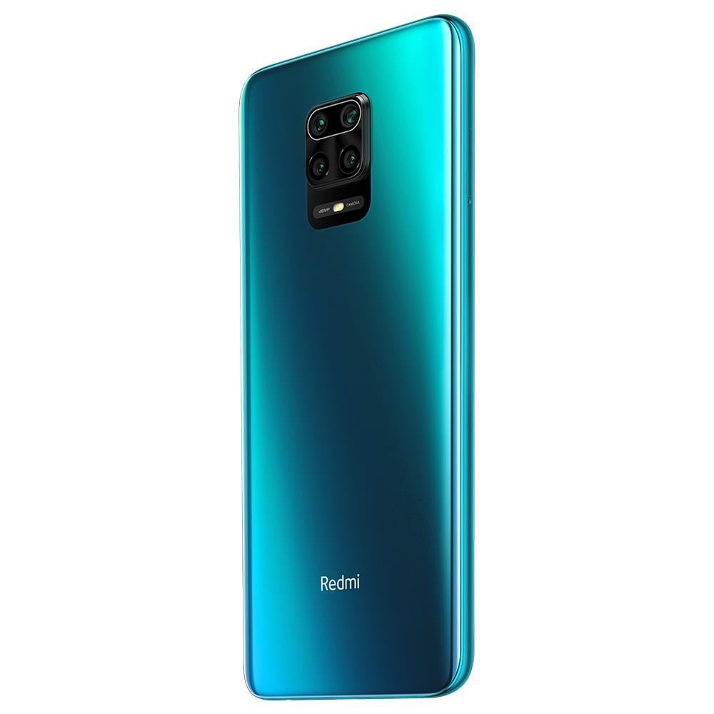 Rückseite eines teal-farbenen Redmi-Telefons mit Kameras. Redmi-Logo unten. Weißer Hintergrund.