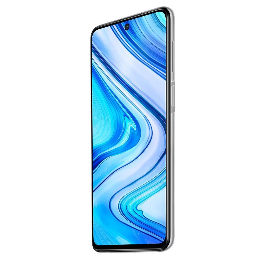 Smartphone-Seitenansicht, Display zeigt blaues abstraktes Design. Weißer Hintergrund. Klarer Kunststoffrahmen.