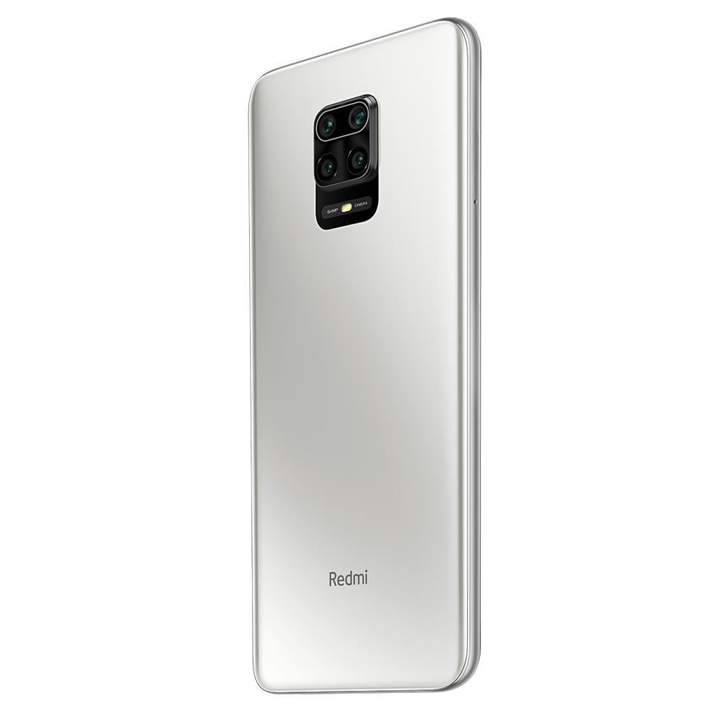 Weiße Smartphone-Rückseite mit Kameras und Redmi-Logo. Weißer Hintergrund.