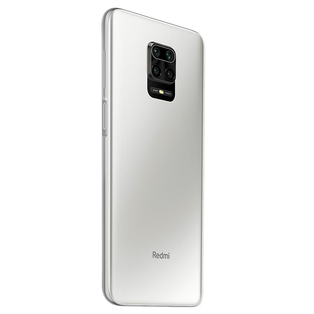 Rückseite eines weißen Redmi-Telefons mit mehreren Kameras, Markenname unten.