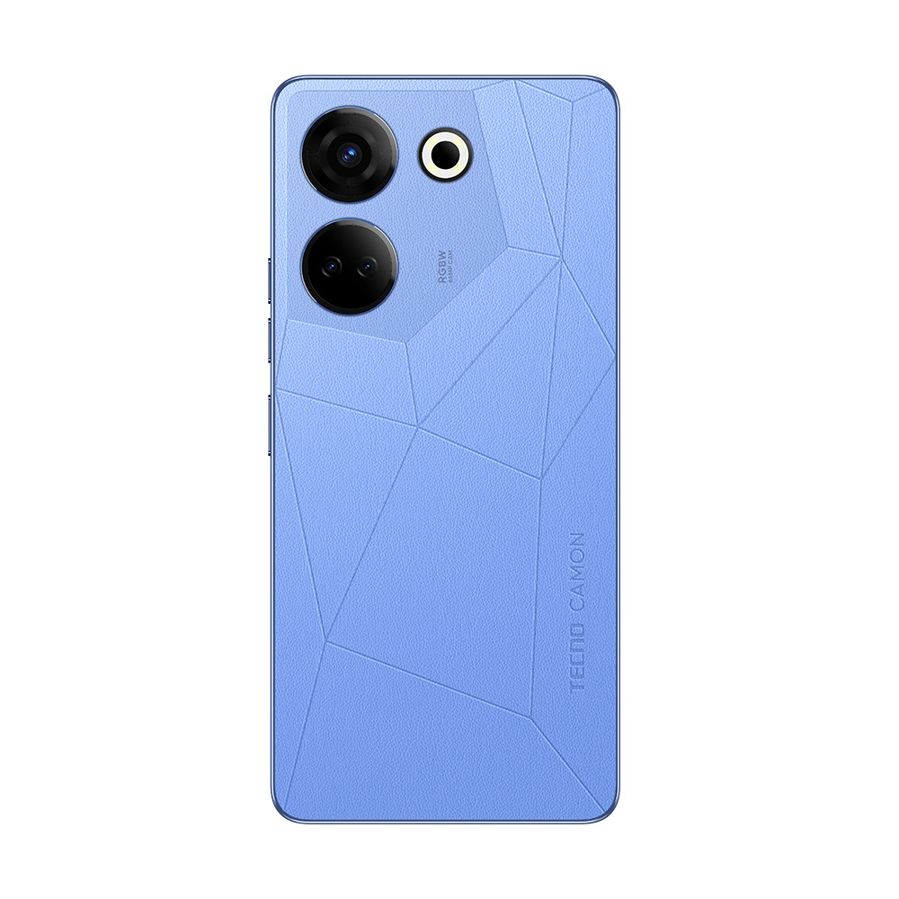 Mavi bir telefonun arkası. Kameraları ve TECNO CAMON marka adı var. Arka taraf desenli.