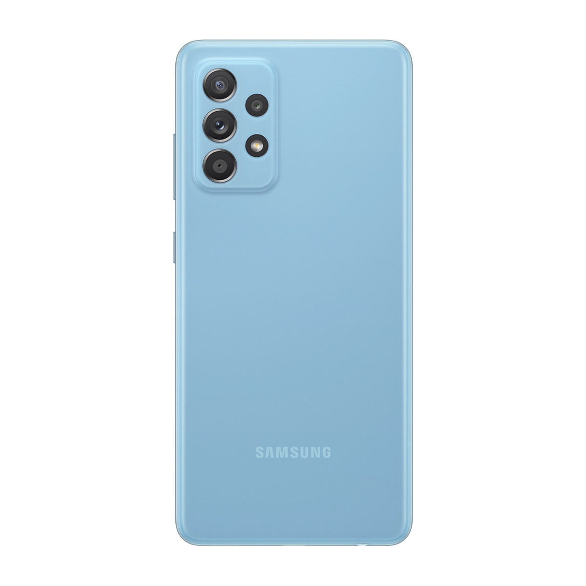 Çoklu kameralara ve bir Samsung logosuna sahip, açık mavi bir akıllı telefonun arkası.