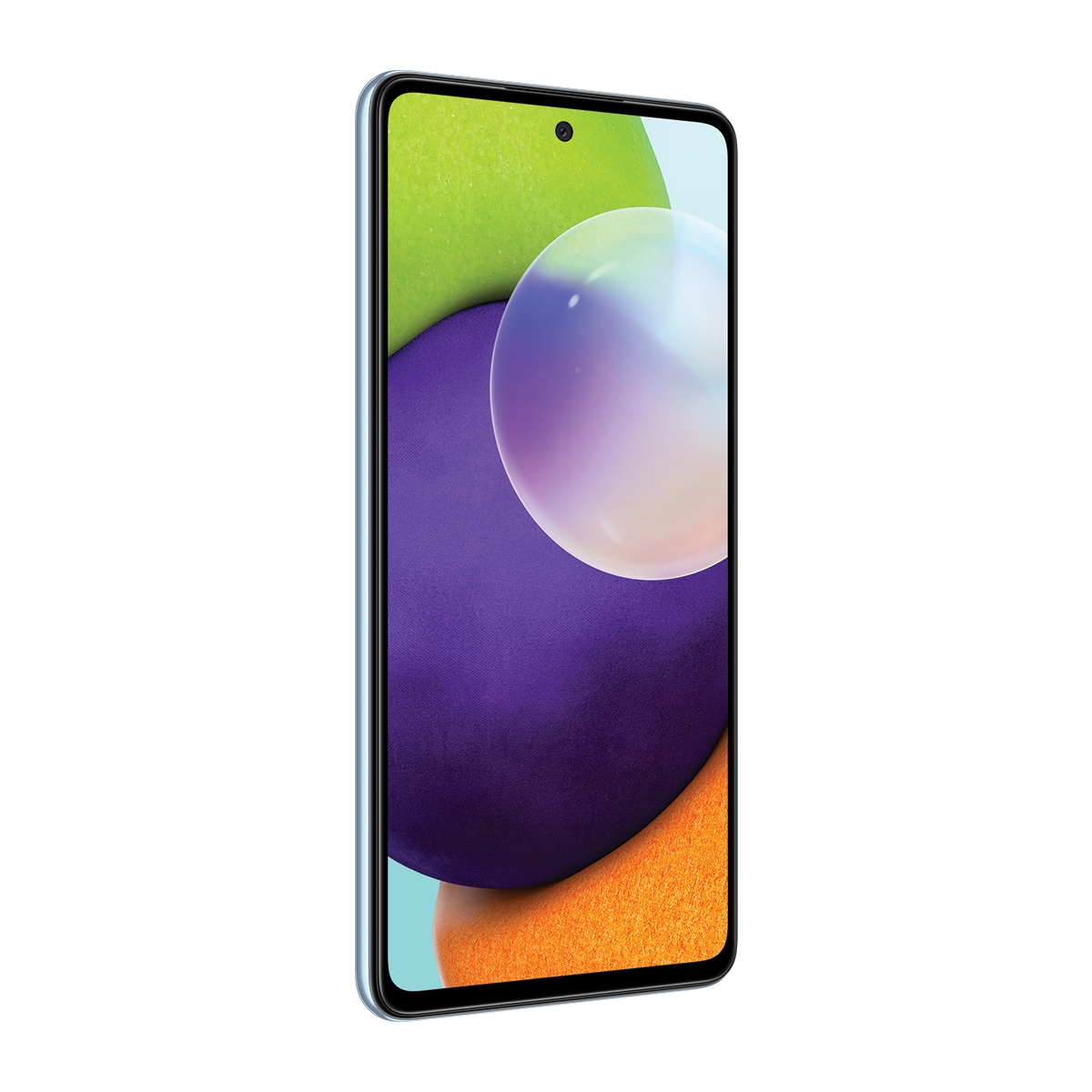 Soyut şekiller ve bir baloncuk gösteren renkli ekranlı mavi telefon.