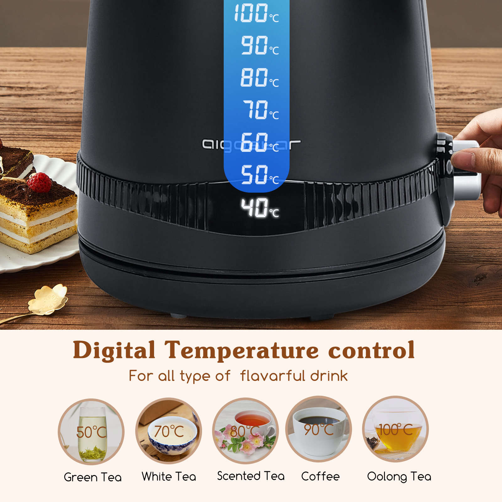 Schwarzer Wasserkocher mit digitaler Temperaturregelung. Verschiedene Tees werden angezeigt.