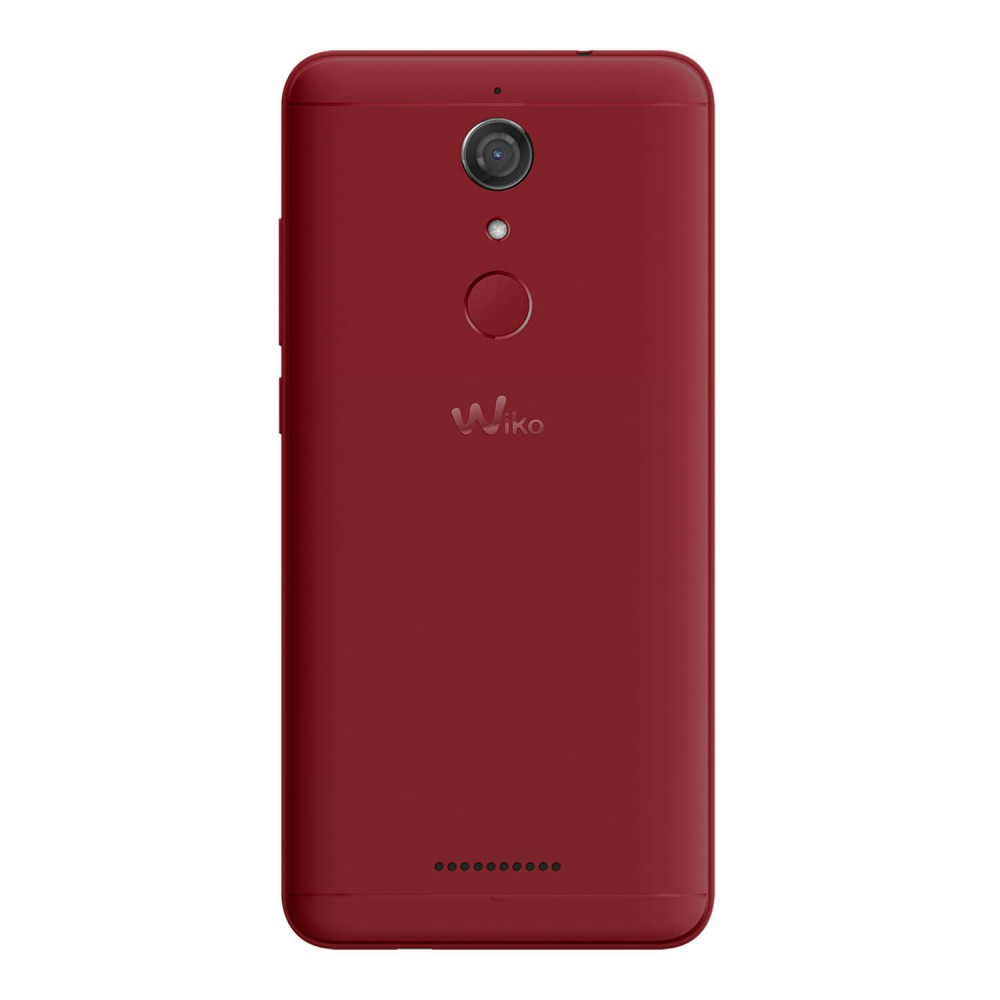 Retro telefono rosso con fotocamera e logo Wiko. Sfondo bianco.