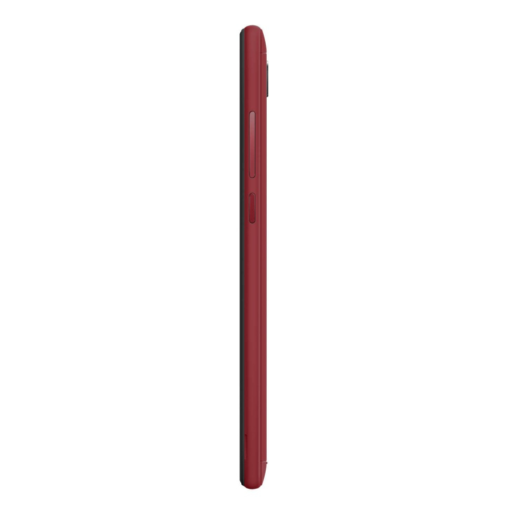 Vista laterale di uno smartphone rosso, che mostra il profilo laterale.