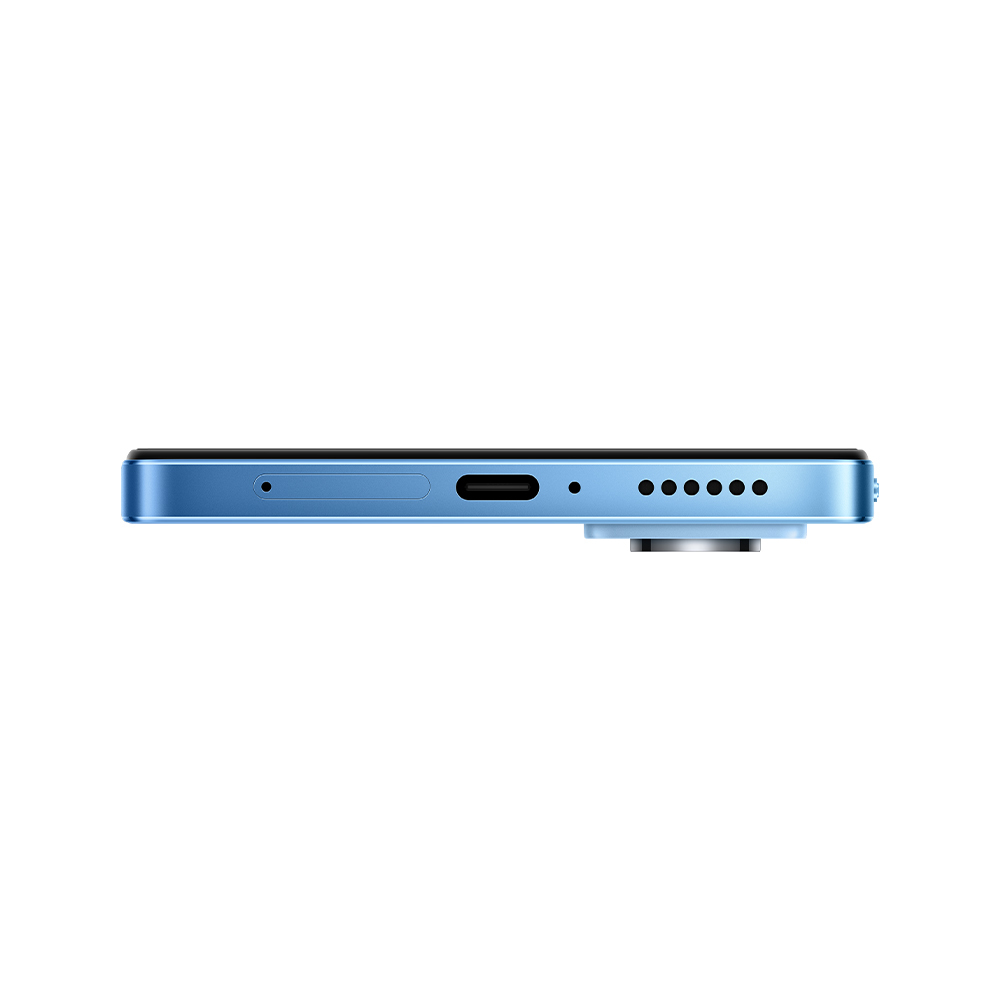 Mavi telefonun alt kenarı. Bir USB-C bağlantı noktası, bir hoparlör ve birkaç delik var.