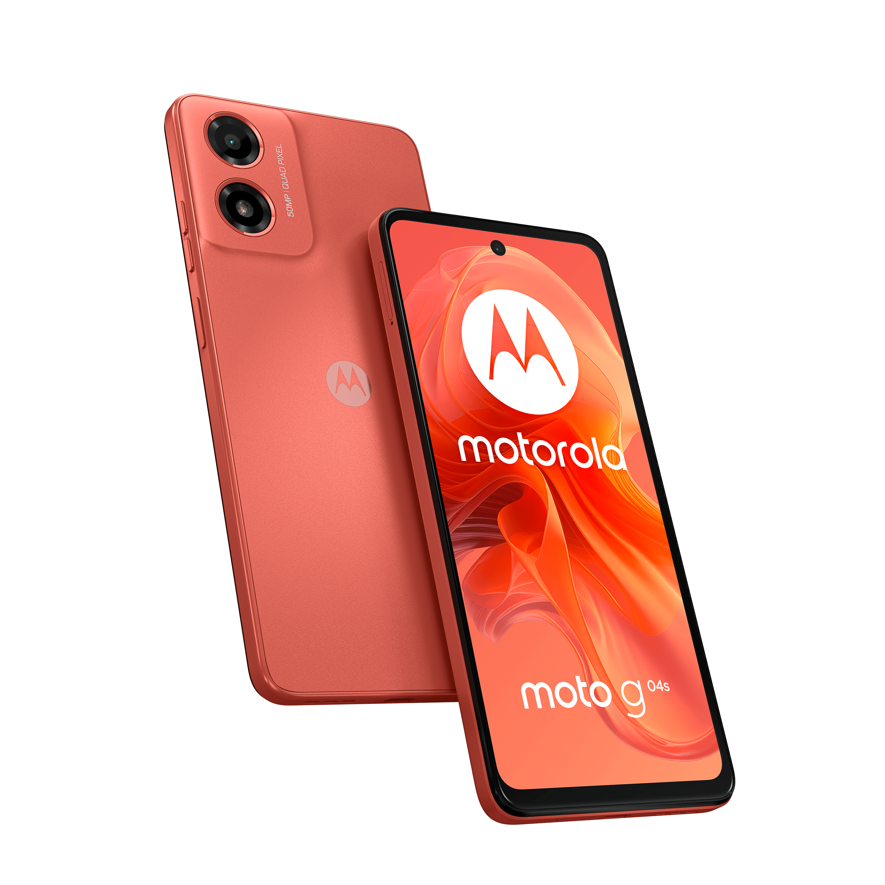 Un smartphone rojo frente a su parte trasera, mostrando el logo de Motorola y cámaras.