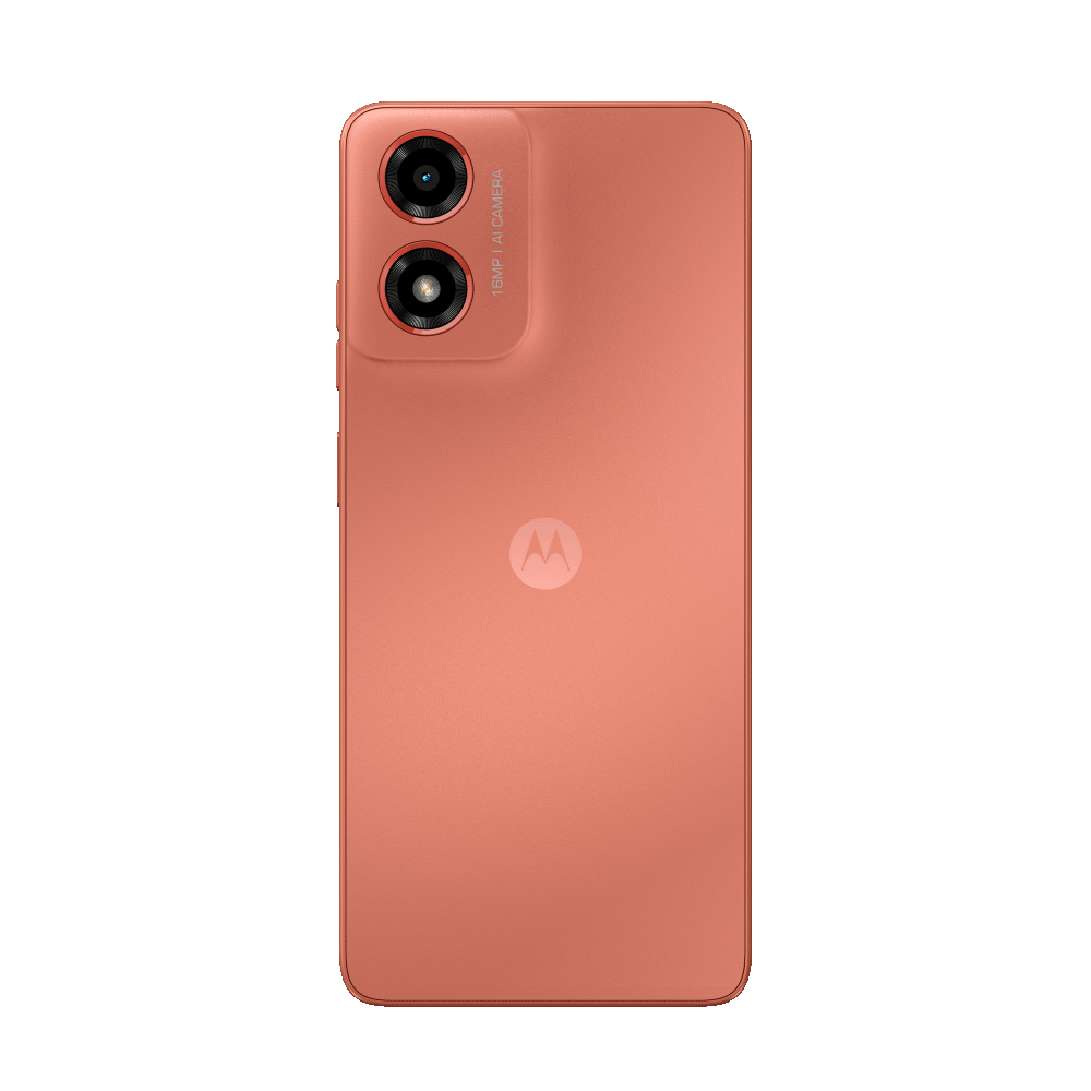 Parte trasera coral de teléfono Motorola. Cámaras duales y logo Motorola visibles.