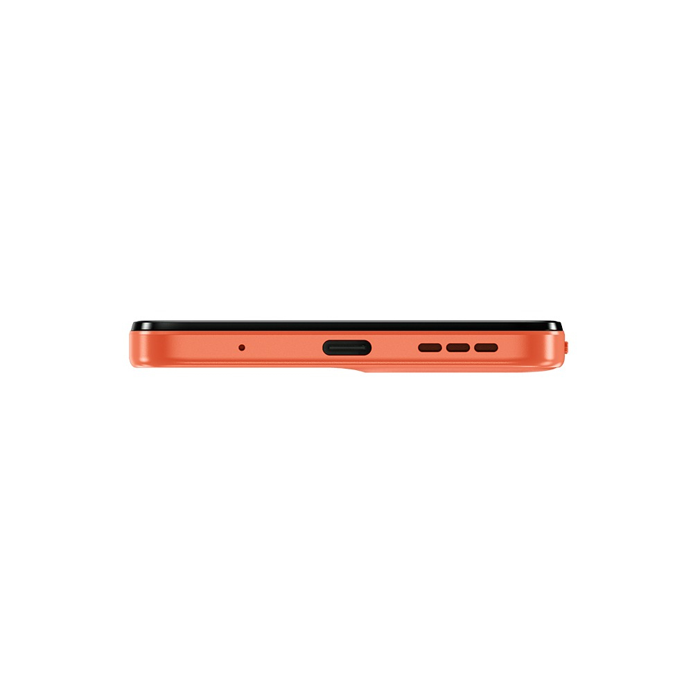 Vista inferior de smartphone naranja, con puertos y orificios visibles.