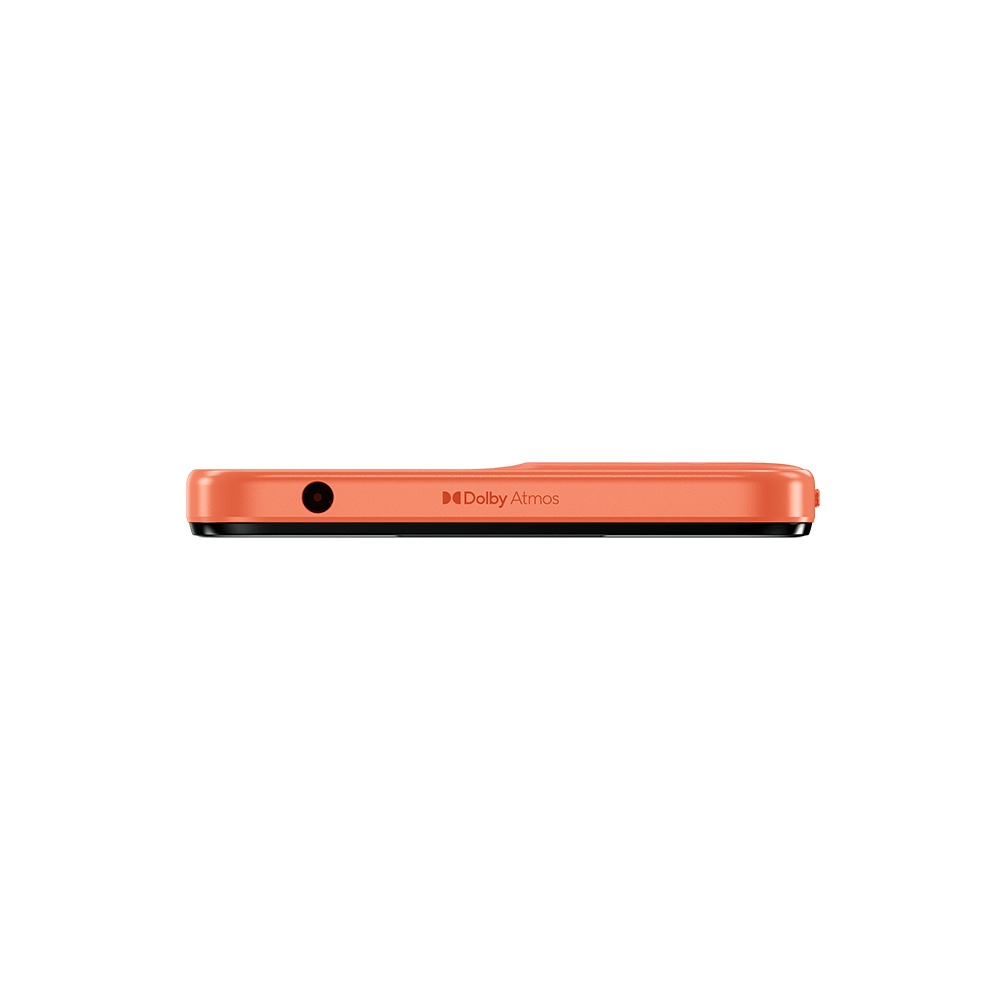 La parte inferior de un teléfono naranja con la marca Dolby Atmos y un conector para auriculares.