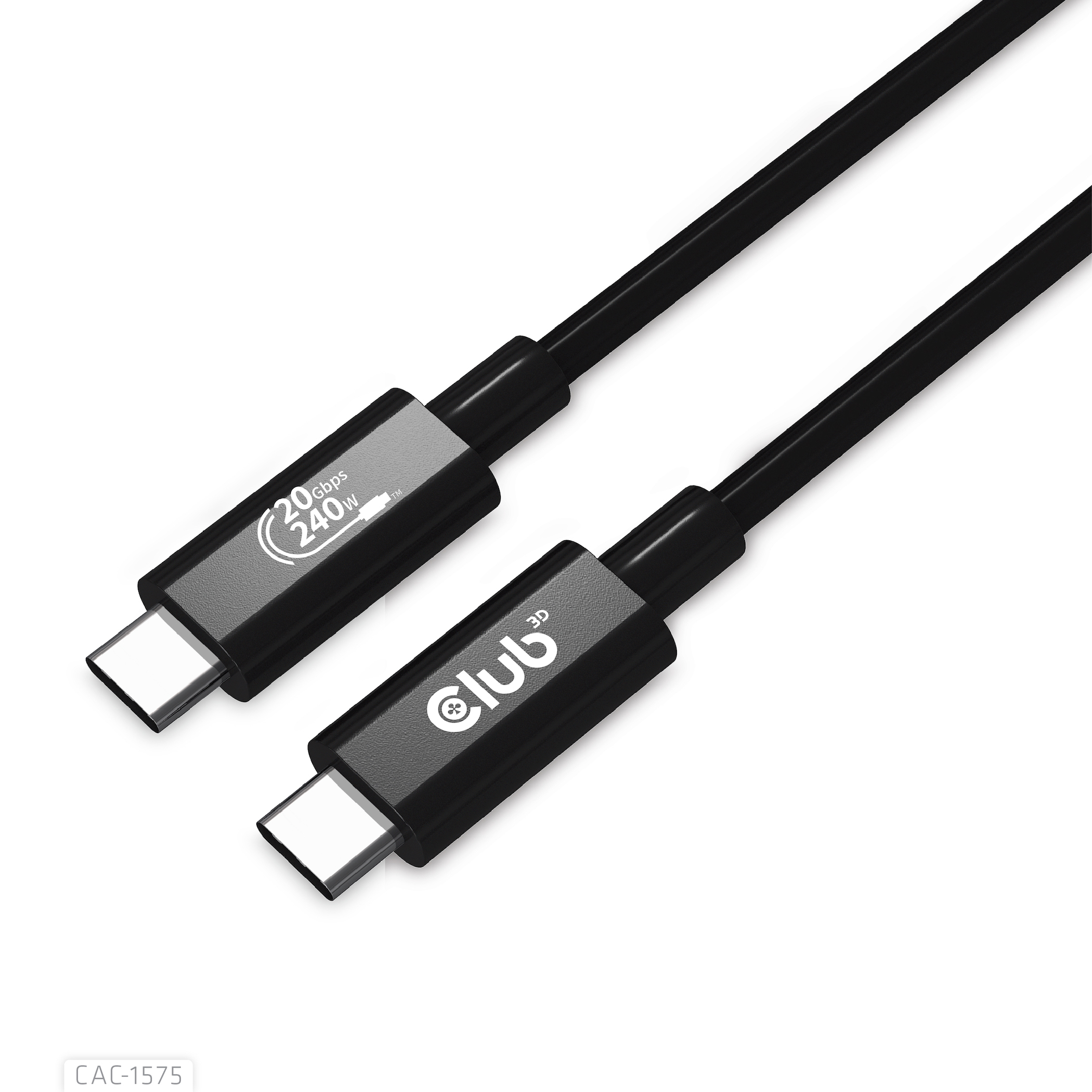 Zwarte USB-C-kabel met connectoren. Op de kabel staat 20 Gbps 240W en het logo van een merk.