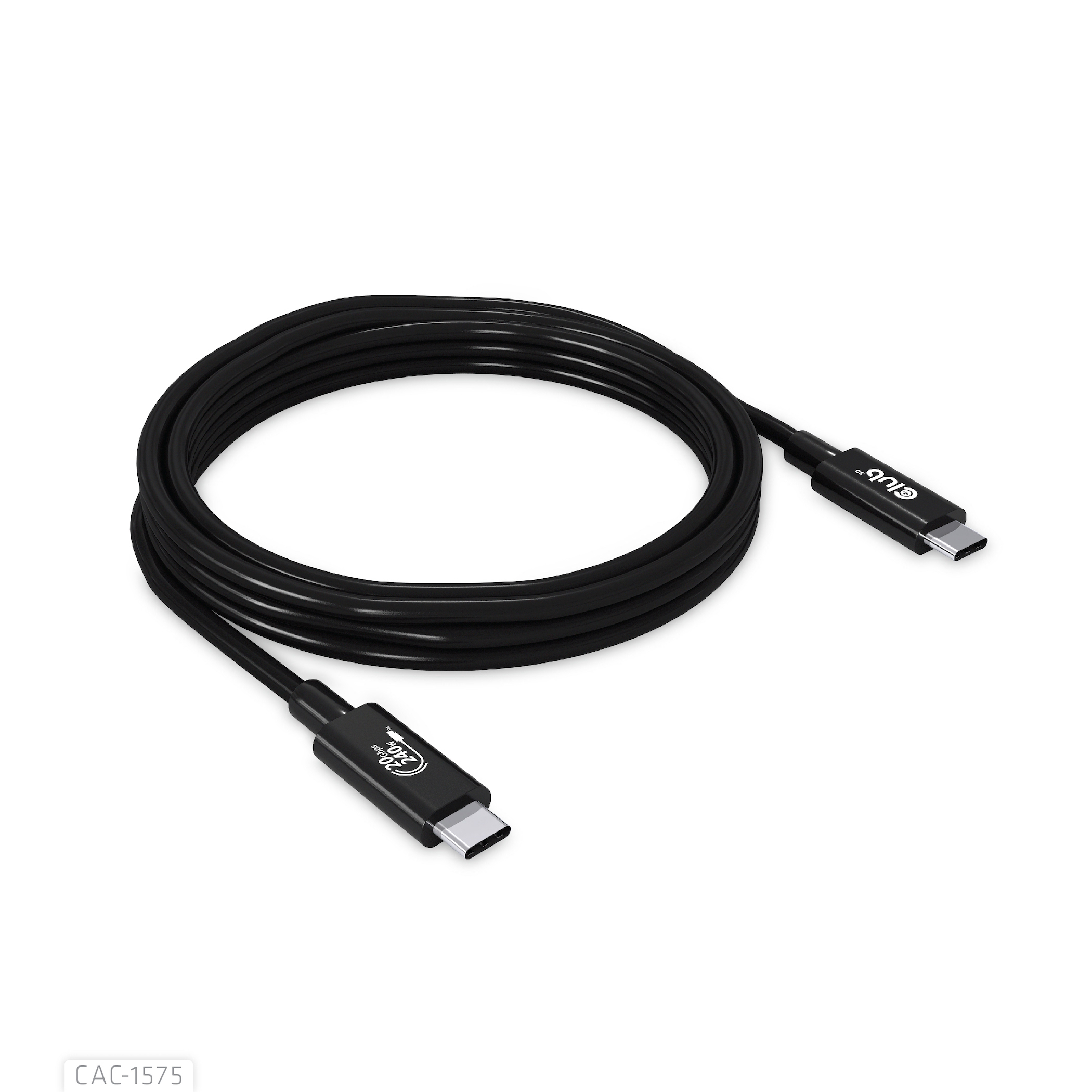 Zwarte USB-C-kabel, opgerold, twee connectoren zichtbaar. Witte achtergrond. Club-logo op connectoren.
