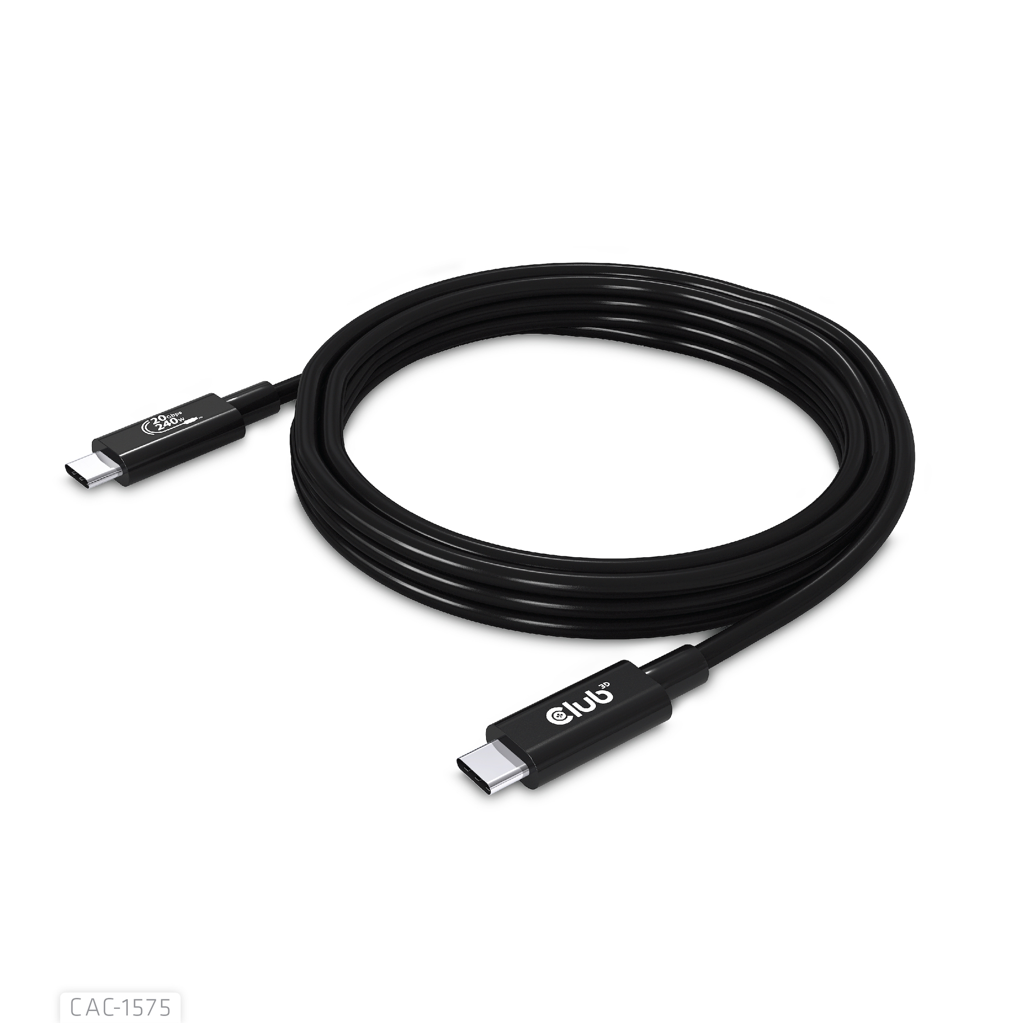 Zwarte USB-C-kabel, opgerold, met connectoren aan beide uiteinden. Witte achtergrond.