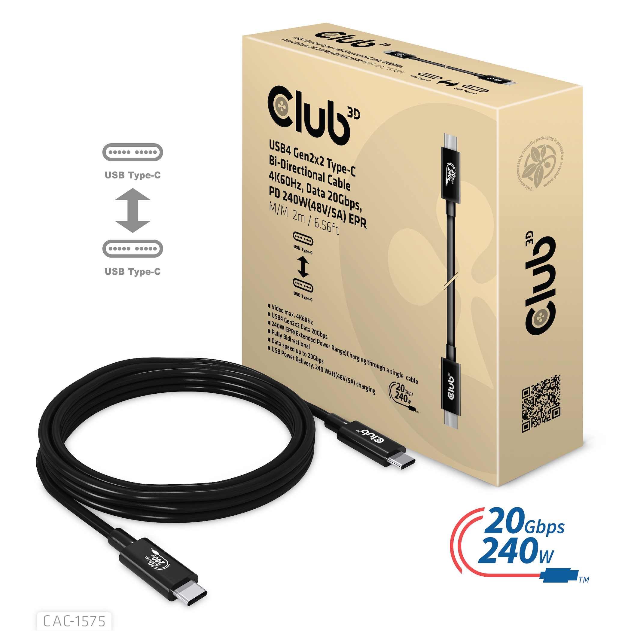 Een doos met een USB-kabel en de uiteinden met USB Type-C-connectoren en productdetails.