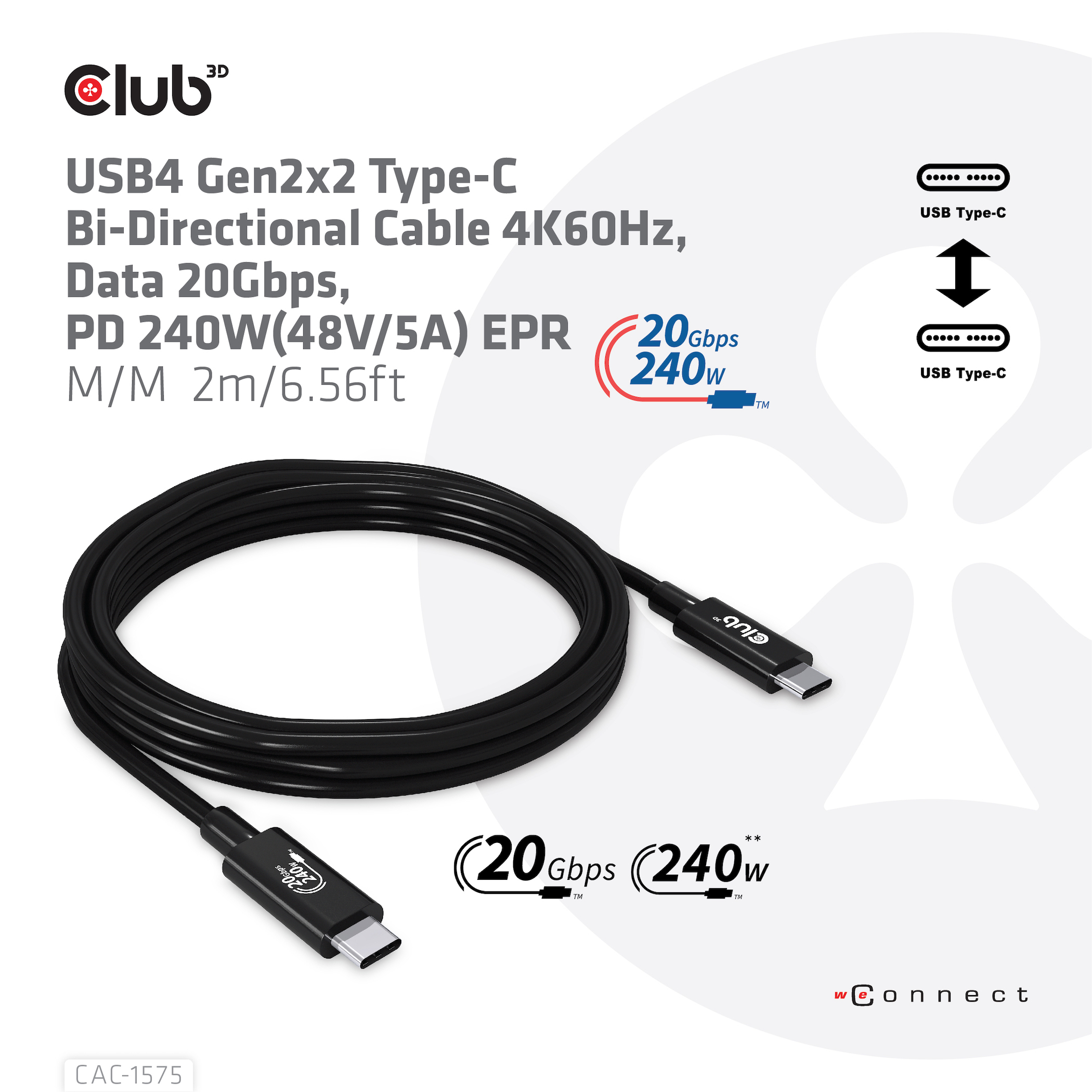 Zwarte USB-C-kabel met productdetails. Biedt 20 Gbps data, 240W en 4K60Hz. Twee USB-C-connectoren worden getoond.