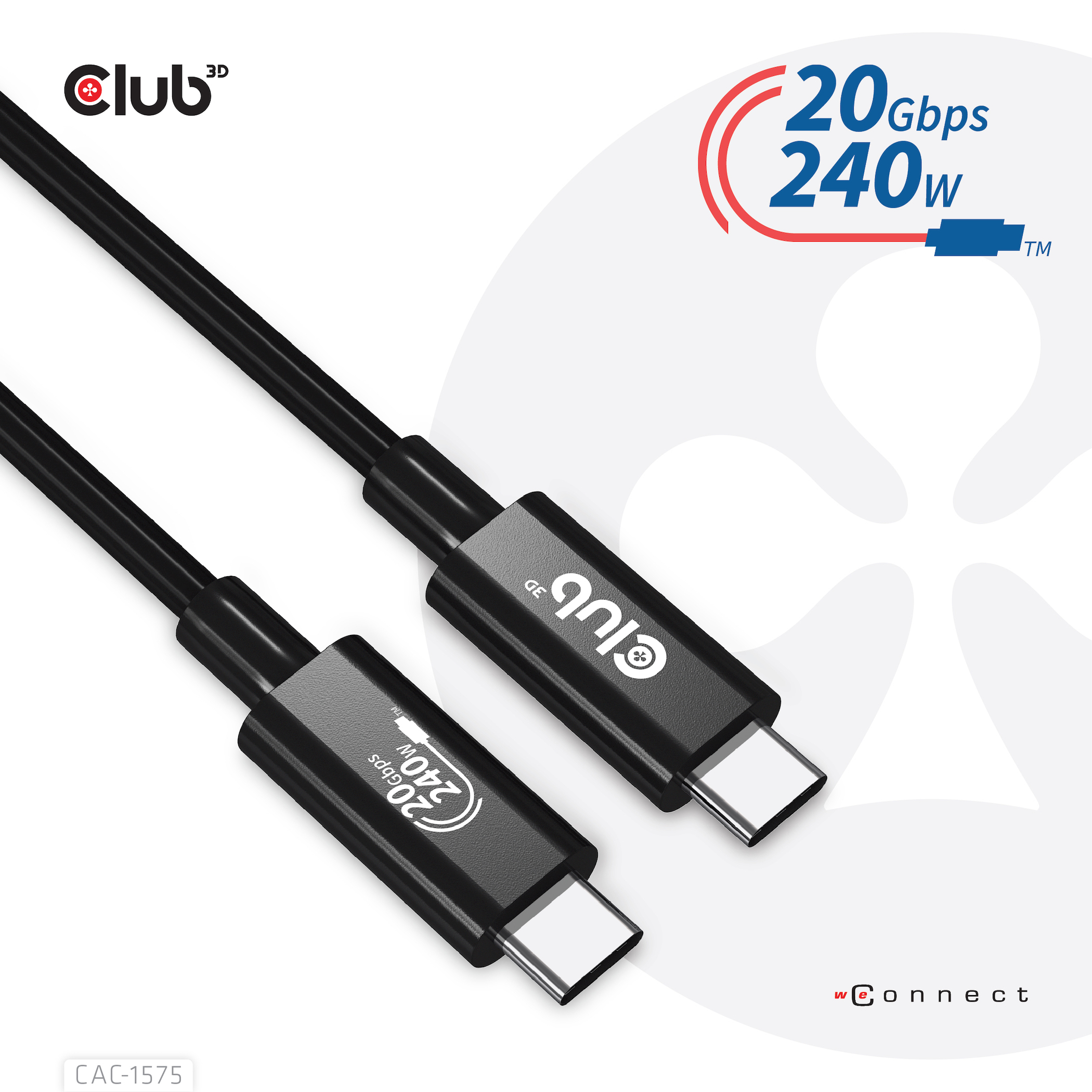 Zwarte USB-C-kabel met 'Club 3D'-branding en tekst die 20 Gbps en 240 W aangeeft.
