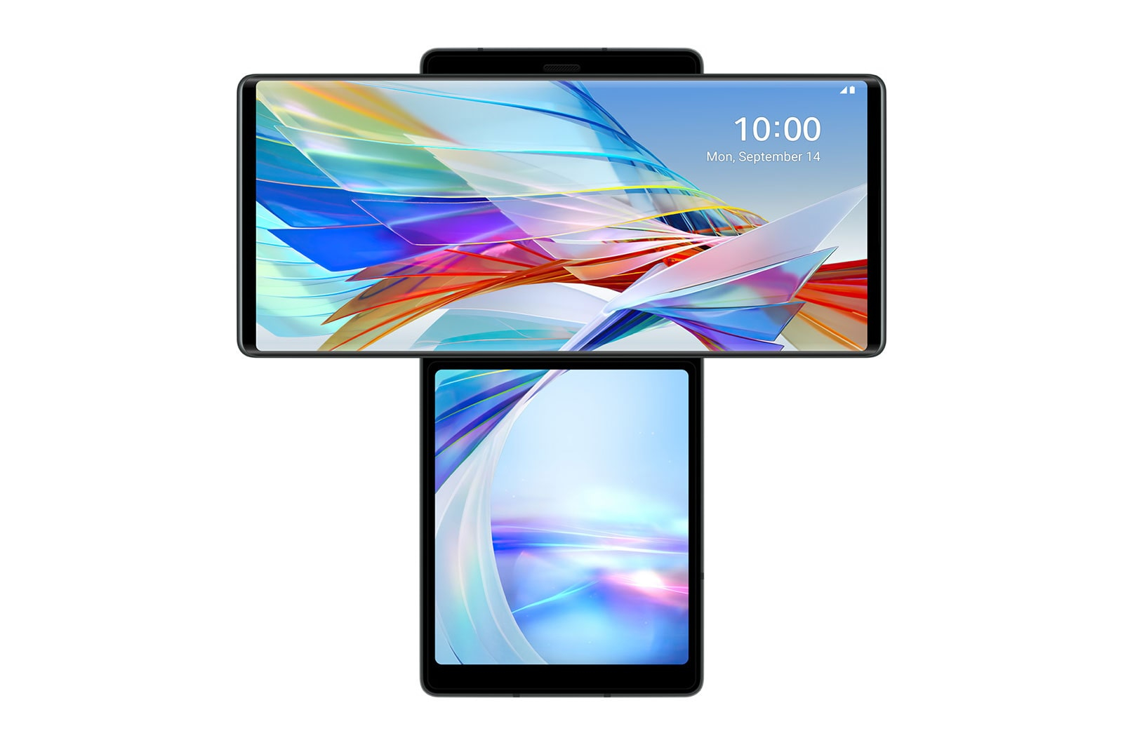 Schwarzes LG Wing Telefon, zwei Bildschirme, einer gedreht, Inhalt zeigend.