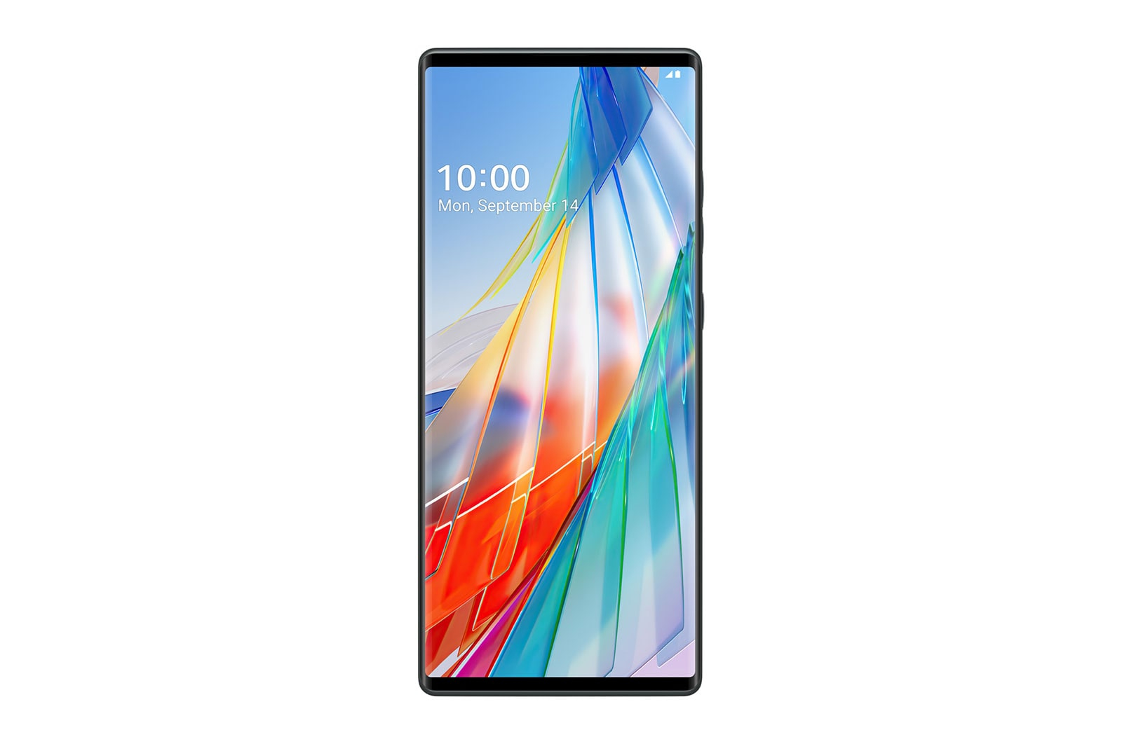 LG-Telefonbildschirm, der ein abstraktes Design mit Uhrzeit und Datum auf weißem Hintergrund zeigt.